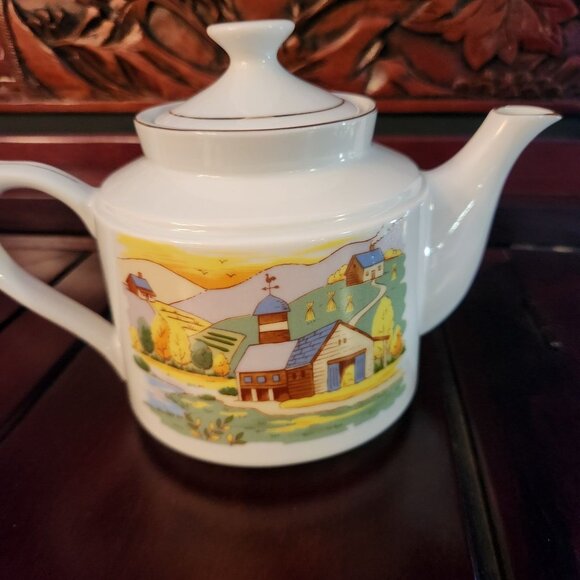 Rare Find Vintage Hand Painted Ceramic Teapot Countryside Theme Farmhouse - Picture 6 of 13